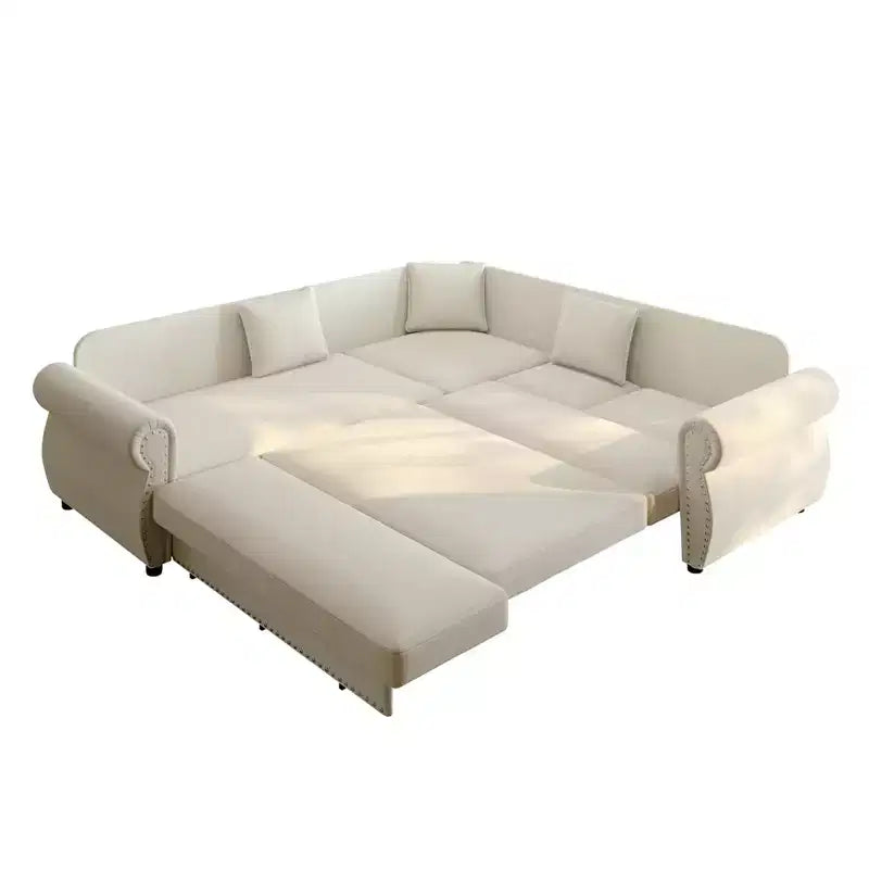 Homy Casa Canapé d'angle convertible 88" en L avec lit escamotable, revêtement chenille, 5 places, beige