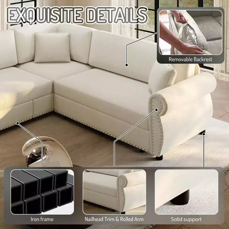 Homy Casa Canapé d'angle convertible 88" en L avec lit escamotable, revêtement chenille, 5 places, beige
