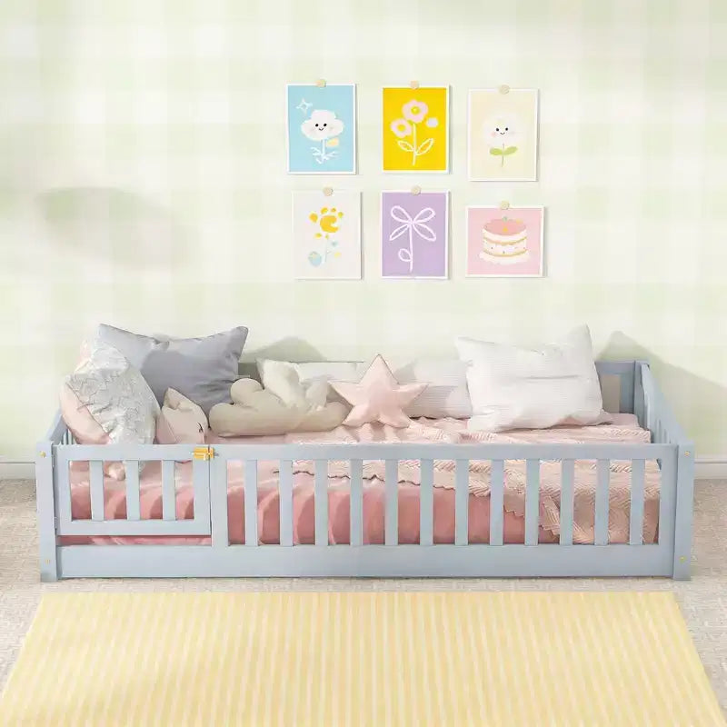 Lit de plancher double Luxystar avec clôture et porte pour chambre d'enfant