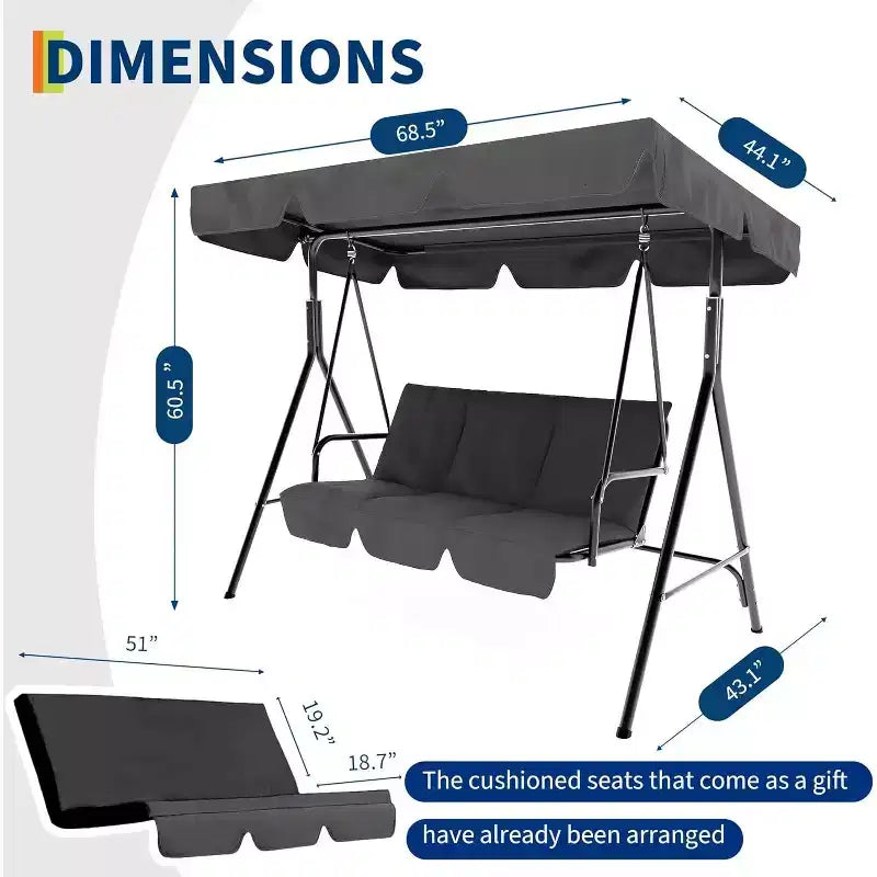 Balancelle d'extérieur avec auvent réglable, balancelle de patio 3 personnes avec ombrage inclinable réglable, balancelle de porche 3 places avec auvent