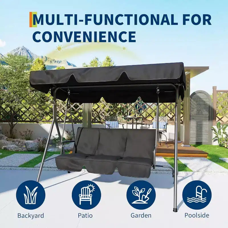 Balancelle d'extérieur avec auvent réglable, balancelle de patio 3 personnes avec ombrage inclinable réglable, balancelle de porche 3 places avec auvent