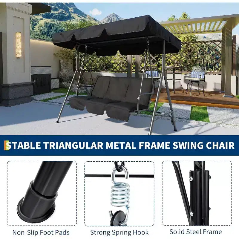 Balancelle d'extérieur avec auvent réglable, balancelle de patio 3 personnes avec ombrage inclinable réglable, balancelle de porche 3 places avec auvent