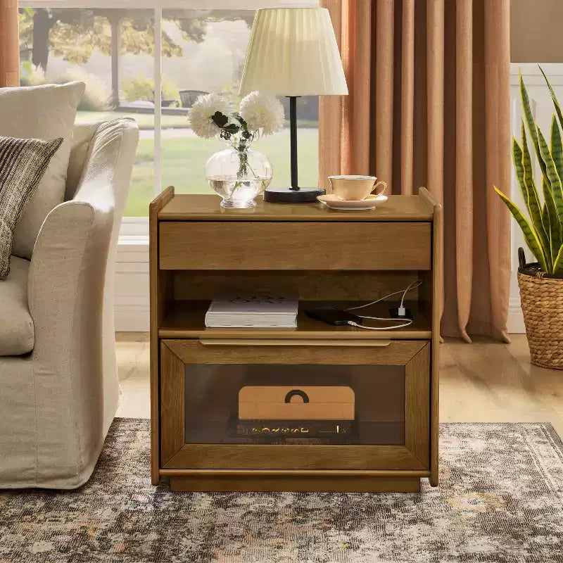 Table de chevet moderne mid-century avec station de charge, meuble 2 tiroirs et porte, design cannelé, verrouillable (W1801P303392)