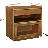 Table de chevet moderne mid-century avec station de charge, meuble 2 tiroirs et porte, design cannelé, verrouillable (W1801P303392)