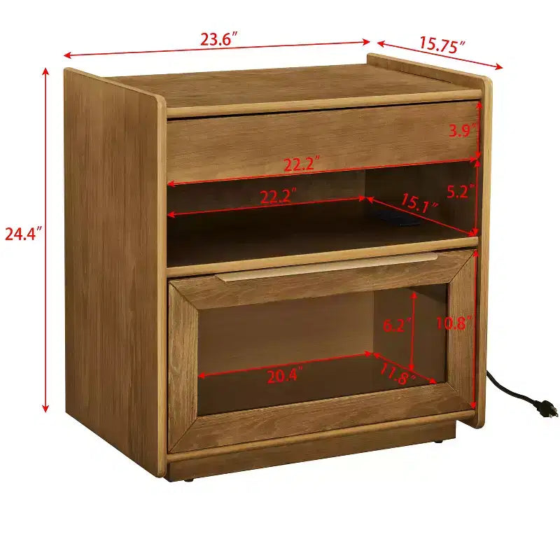 Table de chevet moderne mid-century avec station de charge, meuble 2 tiroirs et porte, design cannelé, verrouillable (W1801P303392)