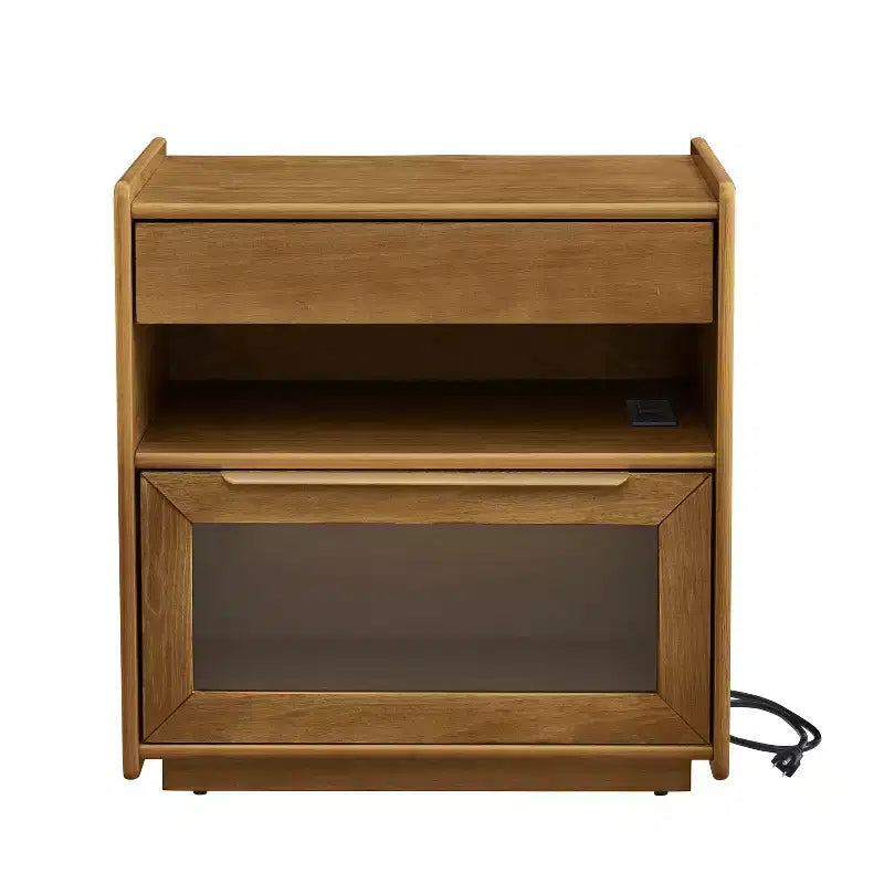 Table de chevet moderne mid-century avec station de charge, meuble 2 tiroirs et porte, design cannelé, verrouillable (W1801P303392)