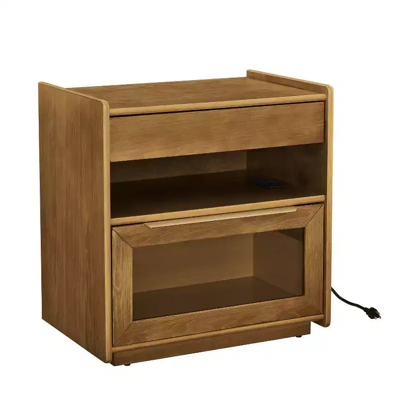 Table de chevet moderne mid-century avec station de charge, meuble 2 tiroirs et porte, design cannelé, verrouillable (W1801P303392)