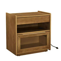 Table de chevet moderne mid-century avec station de charge, meuble 2 tiroirs et porte, design cannelé, verrouillable (W1801P303392)