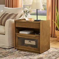 Table de chevet moderne mid-century avec station de charge, meuble 2 tiroirs et porte, design cannelé, verrouillable (W1801P303392)