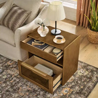 Table de chevet moderne mid-century avec station de charge, meuble 2 tiroirs et porte, design cannelé, verrouillable (W1801P303392)