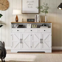 Buffet style ferme 51 po avec station de recharge, 3 tiroirs et 4 portes de grange, rangement de cuisine pour salle à manger, salon, blanc