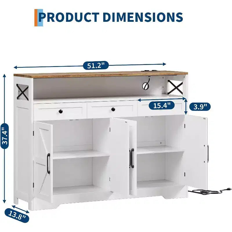 Buffet style ferme 51 po avec station de recharge, 3 tiroirs et 4 portes de grange, rangement de cuisine pour salle à manger, salon, blanc