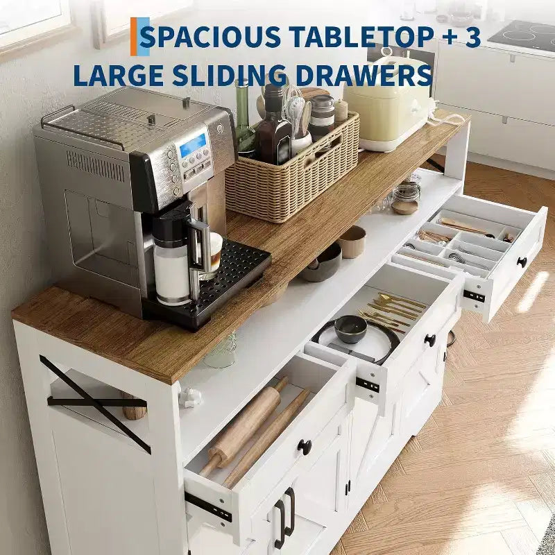 Buffet style ferme 51 po avec station de recharge, 3 tiroirs et 4 portes de grange, rangement de cuisine pour salle à manger, salon, blanc
