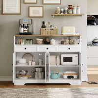 Buffet style ferme 51 po avec station de recharge, 3 tiroirs et 4 portes de grange, rangement de cuisine pour salle à manger, salon, blanc