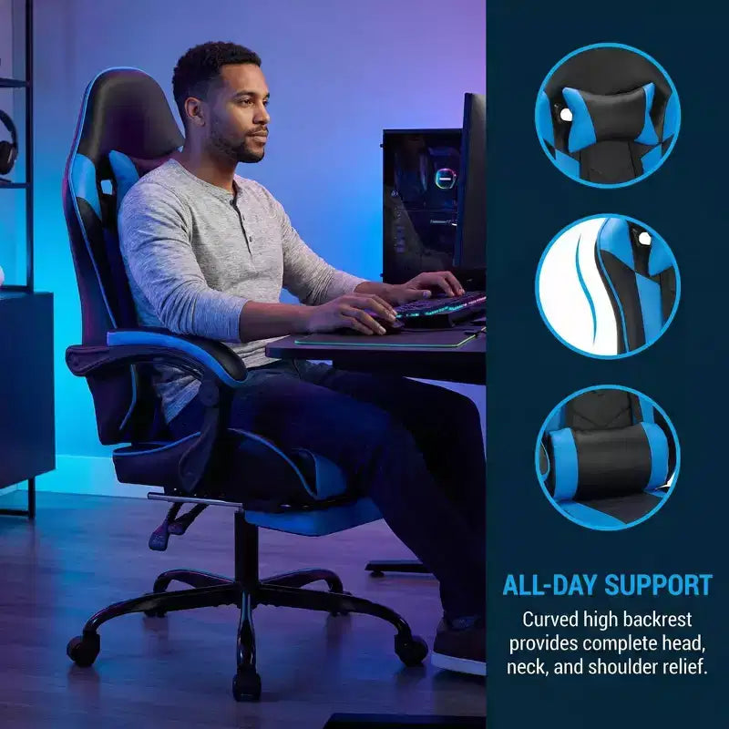 Chaise gaming avec repose-pieds, chaise d'ordinateur ergonomique avec appui-tête et soutien lombaire, chaise de jeu respirante à hauteur réglable pour la maison et le bureau