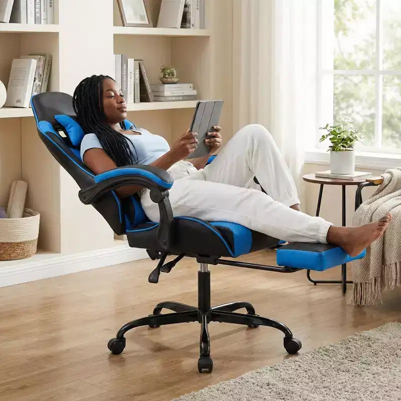 Chaise gaming avec repose-pieds, chaise d'ordinateur ergonomique avec appui-tête et soutien lombaire, chaise de jeu respirante à hauteur réglable pour la maison et le bureau