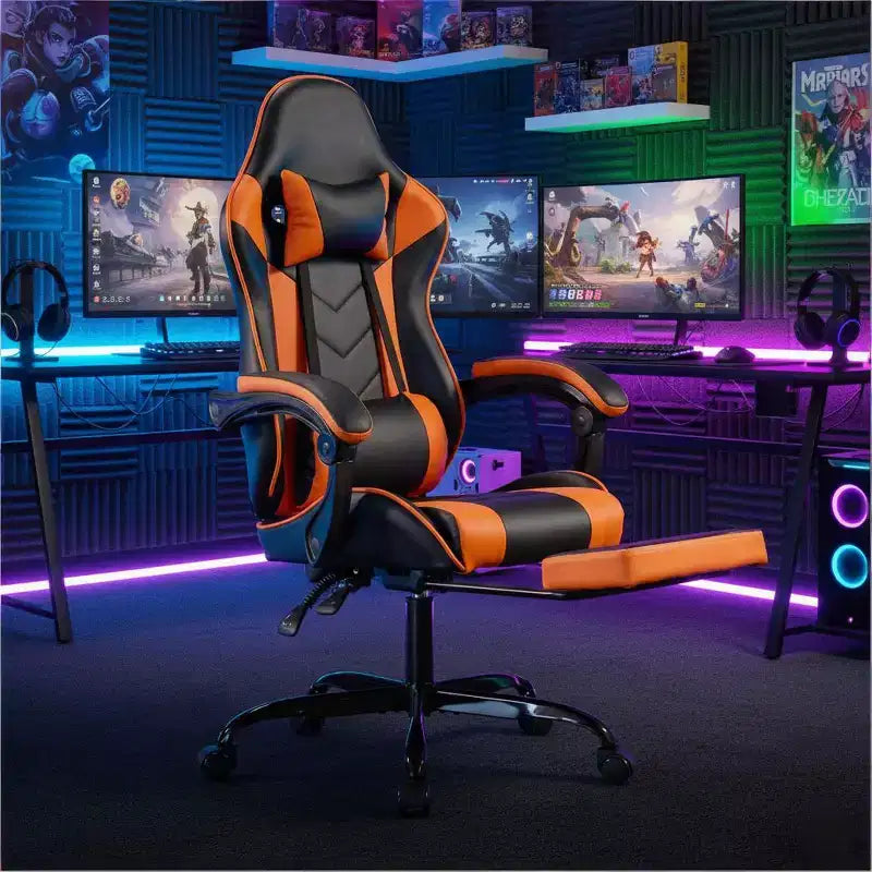 Chaise gaming avec repose-pieds, chaise d'ordinateur ergonomique avec appui-tête et soutien lombaire, chaise de jeu respirante à hauteur réglable pour la maison et le bureau