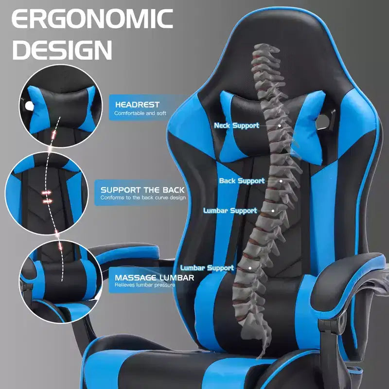 Chaise gaming avec repose-pieds, chaise d'ordinateur ergonomique avec appui-tête et soutien lombaire, chaise de jeu respirante à hauteur réglable pour la maison et le bureau