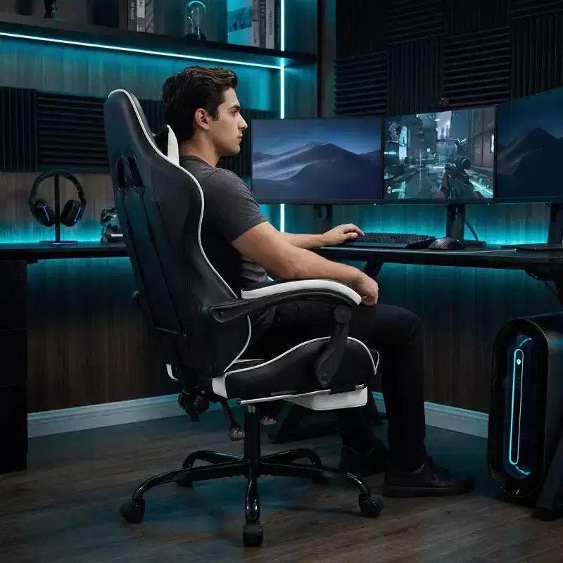 Chaise gaming avec repose-pieds, chaise d'ordinateur ergonomique avec appui-tête et soutien lombaire, chaise de jeu respirante à hauteur réglable pour la maison et le bureau