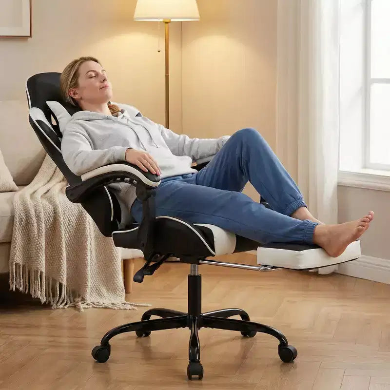 Chaise gaming avec repose-pieds, chaise d'ordinateur ergonomique avec appui-tête et soutien lombaire, chaise de jeu respirante à hauteur réglable pour la maison et le bureau