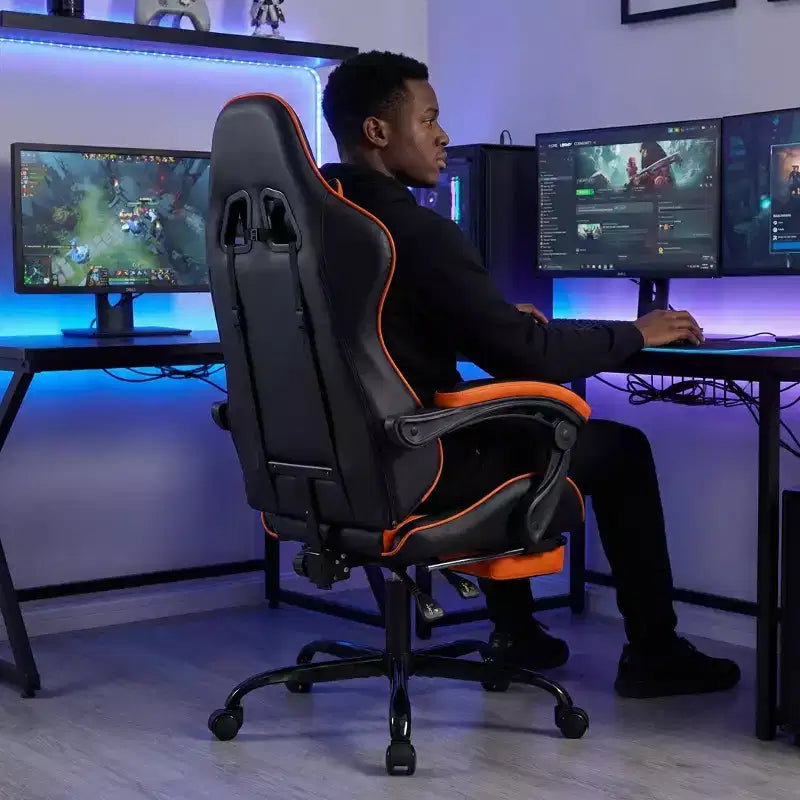 Chaise gaming avec repose-pieds, chaise d'ordinateur ergonomique avec appui-tête et soutien lombaire, chaise de jeu respirante à hauteur réglable pour la maison et le bureau