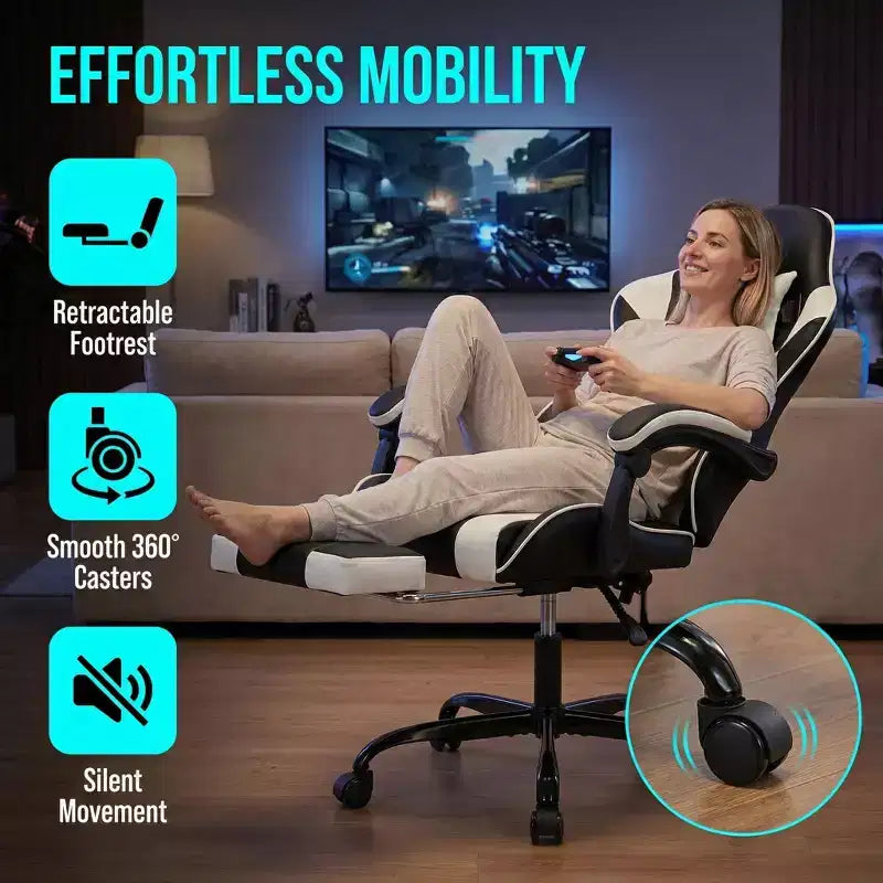 Chaise gaming avec repose-pieds, chaise d'ordinateur ergonomique avec appui-tête et soutien lombaire, chaise de jeu respirante à hauteur réglable pour la maison et le bureau