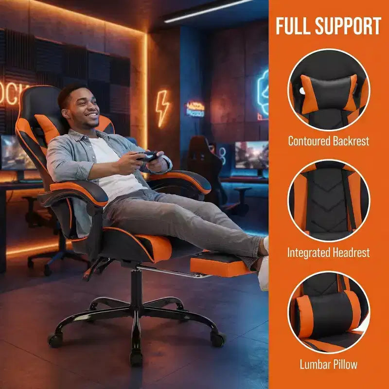 Chaise gaming avec repose-pieds, chaise d'ordinateur ergonomique avec appui-tête et soutien lombaire, chaise de jeu respirante à hauteur réglable pour la maison et le bureau