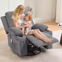 Fauteuil inclinable pivotant à bascule avec massage et chauffage, fauteuil à 360° avec porte-gobelets et poches latérales, ergonomique pour salon, camping-car, chambre de bébé