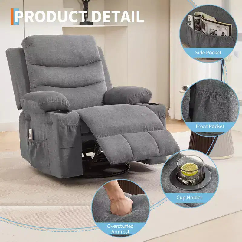 Fauteuil inclinable pivotant à bascule avec massage et chauffage, fauteuil à 360° avec porte-gobelets et poches latérales, ergonomique pour salon, camping-car, chambre de bébé