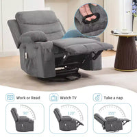 Fauteuil inclinable pivotant à bascule avec massage et chauffage, fauteuil à 360° avec porte-gobelets et poches latérales, ergonomique pour salon, camping-car, chambre de bébé
