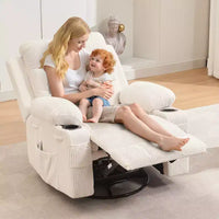 Fauteuil inclinable pivotant à bascule avec massage et chauffage, fauteuil à 360° avec porte-gobelets et poches latérales, ergonomique pour salon, camping-car, chambre de bébé