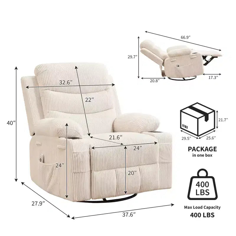 Fauteuil inclinable pivotant à bascule avec massage et chauffage, fauteuil à 360° avec porte-gobelets et poches latérales, ergonomique pour salon, camping-car, chambre de bébé
