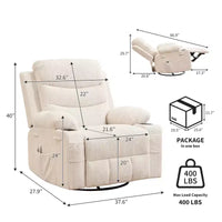 Fauteuil inclinable pivotant à bascule avec massage et chauffage, fauteuil à 360° avec porte-gobelets et poches latérales, ergonomique pour salon, camping-car, chambre de bébé