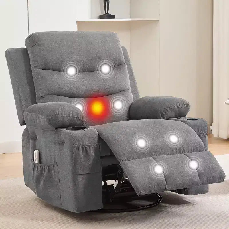Fauteuil inclinable pivotant à bascule avec massage et chauffage, fauteuil à 360° avec porte-gobelets et poches latérales, ergonomique pour salon, camping-car, chambre de bébé