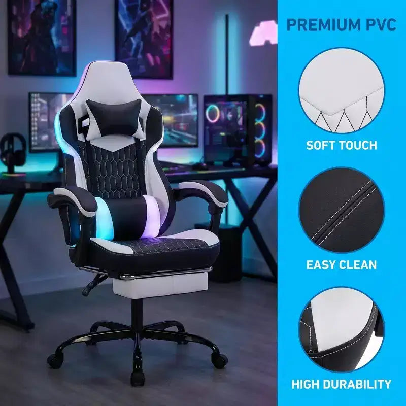Chaise gaming LauKingdom avec repose-pieds, chaise gamer ergonomique à dossier haut, appui-tête et lombaire réglables, cuir PU de style course pour le bureau et la maison