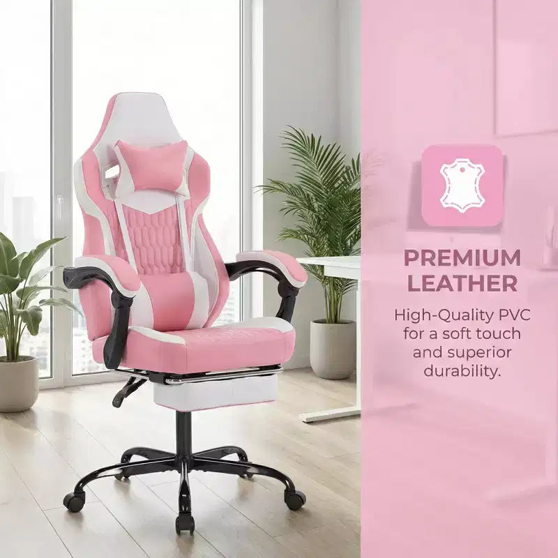 Chaise gaming LauKingdom avec repose-pieds, chaise gamer ergonomique à dossier haut, appui-tête et lombaire réglables, cuir PU de style course pour le bureau et la maison