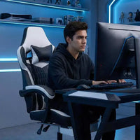 Chaise de Gamer LauKingdom avec Repose-pieds, Fauteuil de Jeu Ergonomique à Dossier Haut, Appui-tête et Soutien Lombaire Réglables, Style Course en Cuir PU pour Bureau et Maison