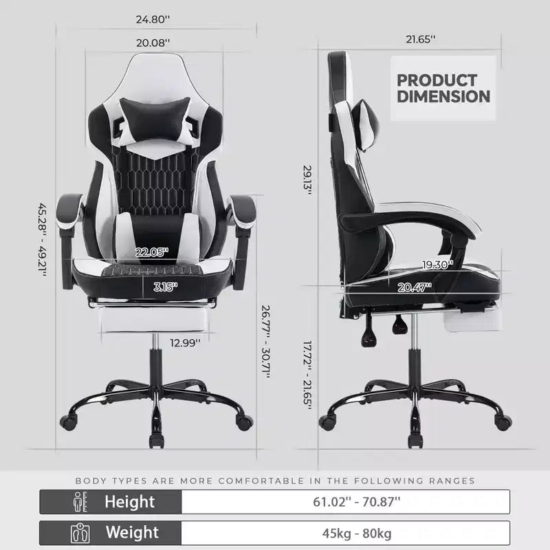 Chaise gaming LauKingdom avec repose-pieds, chaise gamer ergonomique à dossier haut, appui-tête et lombaire réglables, cuir PU de style course pour le bureau et la maison