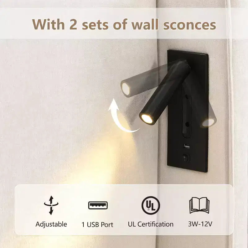 Christopher Knight Home Kanya - Cadre de lit moderne en bois tapissé en lin avec haute tête de lit à oreilles, lampe et port USB