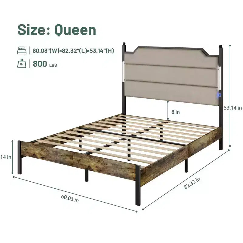 Lit plateforme taille Queen / King avec tête de lit tapissée, cadre de lit plateforme en bois avec station de recharge et éclairage LED, marron industriel