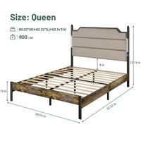 Lit plateforme taille Queen / King avec tête de lit tapissée, cadre de lit plateforme en bois avec station de recharge et éclairage LED, marron industriel