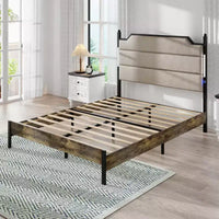 Lit plateforme taille Queen / King avec tête de lit tapissée, cadre de lit plateforme en bois avec station de recharge et éclairage LED, marron industriel