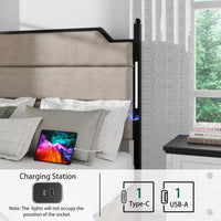 Lit plateforme taille Queen / King avec tête de lit tapissée, cadre de lit plateforme en bois avec station de recharge et éclairage LED, marron industriel
