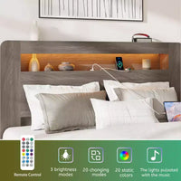 Lit plateforme double/grand lit/très grand lit avec tête de lit de rangement à LED, cadre de lit plateforme en bois avec 2 ports USB, grand espace de rangement sous le lit