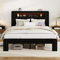 Lit plateforme double/grand lit/très grand lit avec tête de lit de rangement à LED, cadre de lit plateforme en bois avec 2 ports USB, grand espace de rangement sous le lit