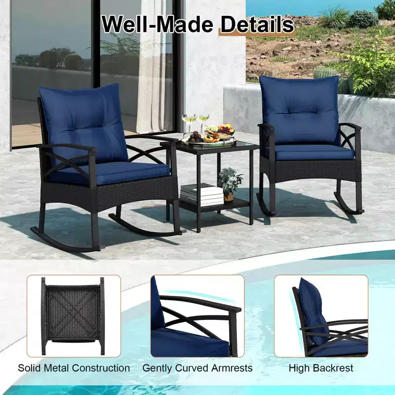 Costway Ensemble de chaises à bascule en rotin 3 pièces avec plateau de table en bois d'acacia et accoudoirs pour porche, balcon, Marron mixte + Beige/Gris/Marine/Noir