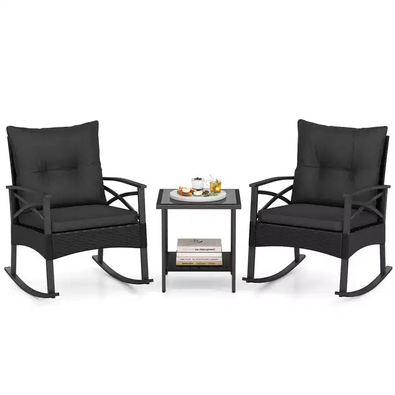Costway Ensemble de chaises à bascule en rotin 3 pièces avec plateau de table en bois d'acacia et accoudoirs pour porche, balcon, Marron mixte + Beige/Gris/Marine/Noir