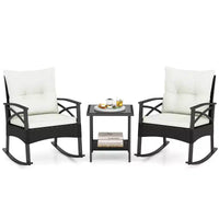 Costway Ensemble de chaises à bascule en rotin 3 pièces avec plateau de table en bois d'acacia et accoudoirs pour porche, balcon, Marron mixte + Beige/Gris/Marine/Noir