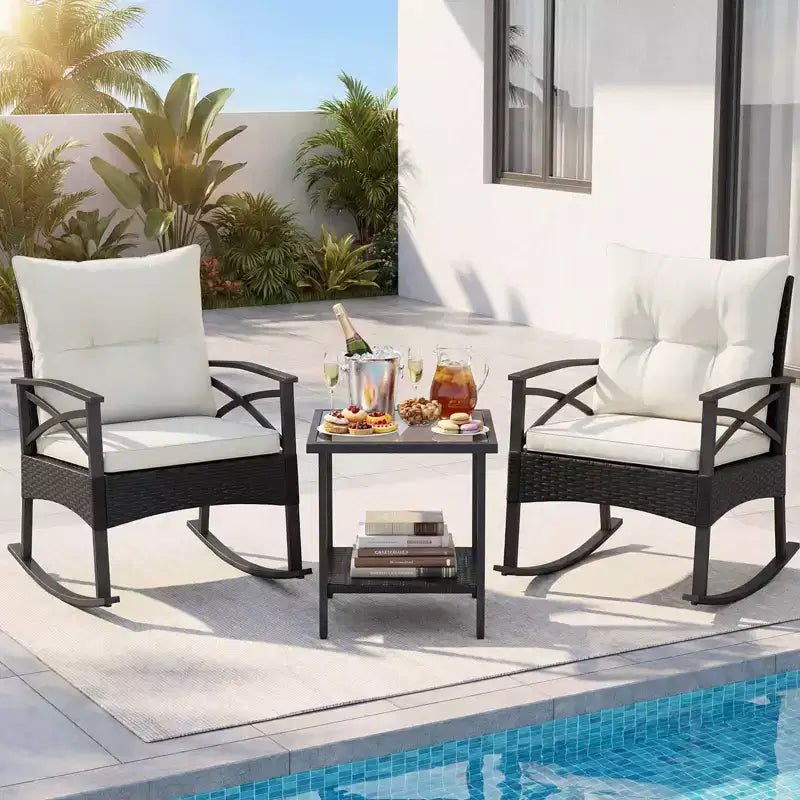 Costway Ensemble de chaises à bascule en rotin 3 pièces avec plateau de table en bois d'acacia et accoudoirs pour porche, balcon, Marron mixte + Beige/Gris/Marine/Noir