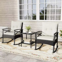 Costway Ensemble de chaises à bascule en rotin 3 pièces avec plateau de table en bois d'acacia et accoudoirs pour porche, balcon, Marron mixte + Beige/Gris/Marine/Noir